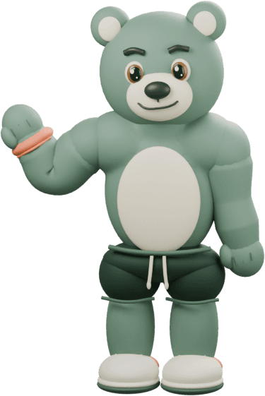 Momo, the sage-green movement bear, waving
