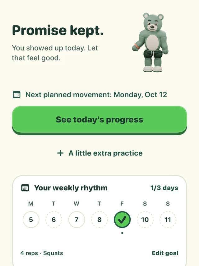 Promise Today screen saying Promise kept, with a weekly rhythm calendar showing one completed day
